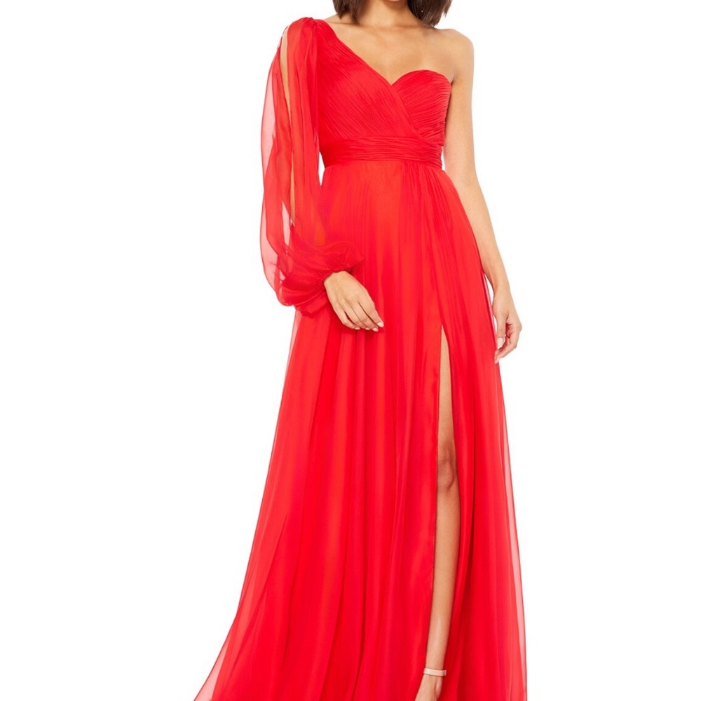 Mac Duggal Red One-Shoulder Chiffon Maxi Gown